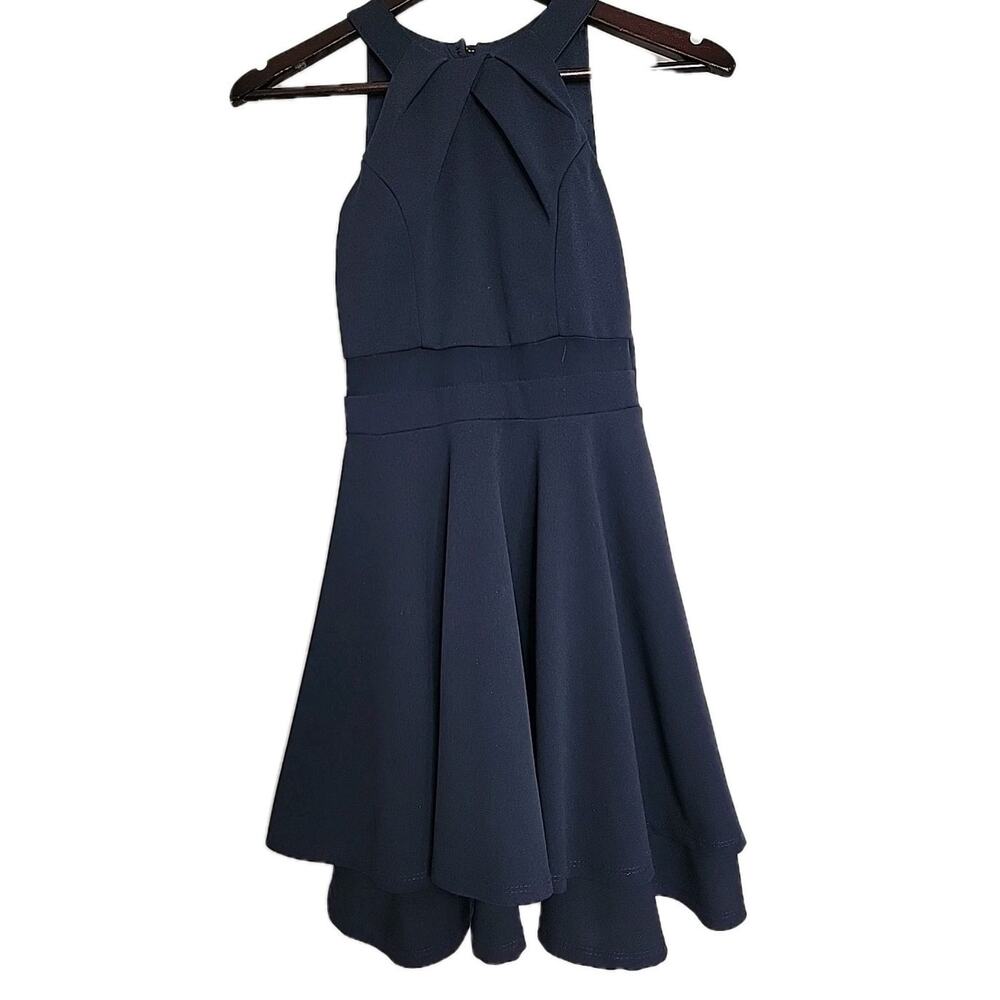 Emerald Sundae Navy Blue Sleeveless A-Line‎ Dress XS Back Button Zip Pleated